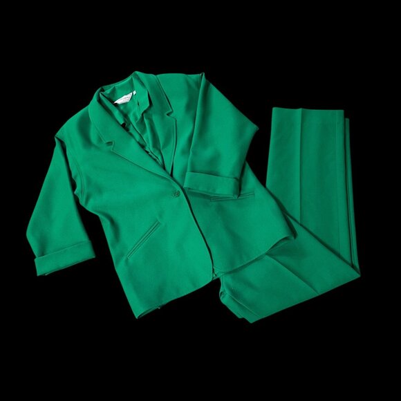 Donovan-Galvani Pants - Vintage Suit Set Blazer Top Pants 3 Piece Green Size 12 Donovan Galvani USA 80s